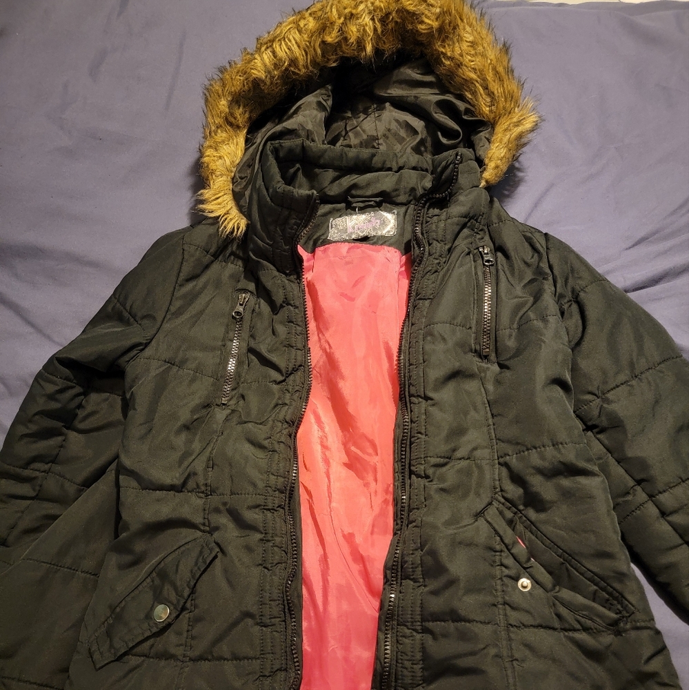 Kids black Jacket with Faux Fur Hood